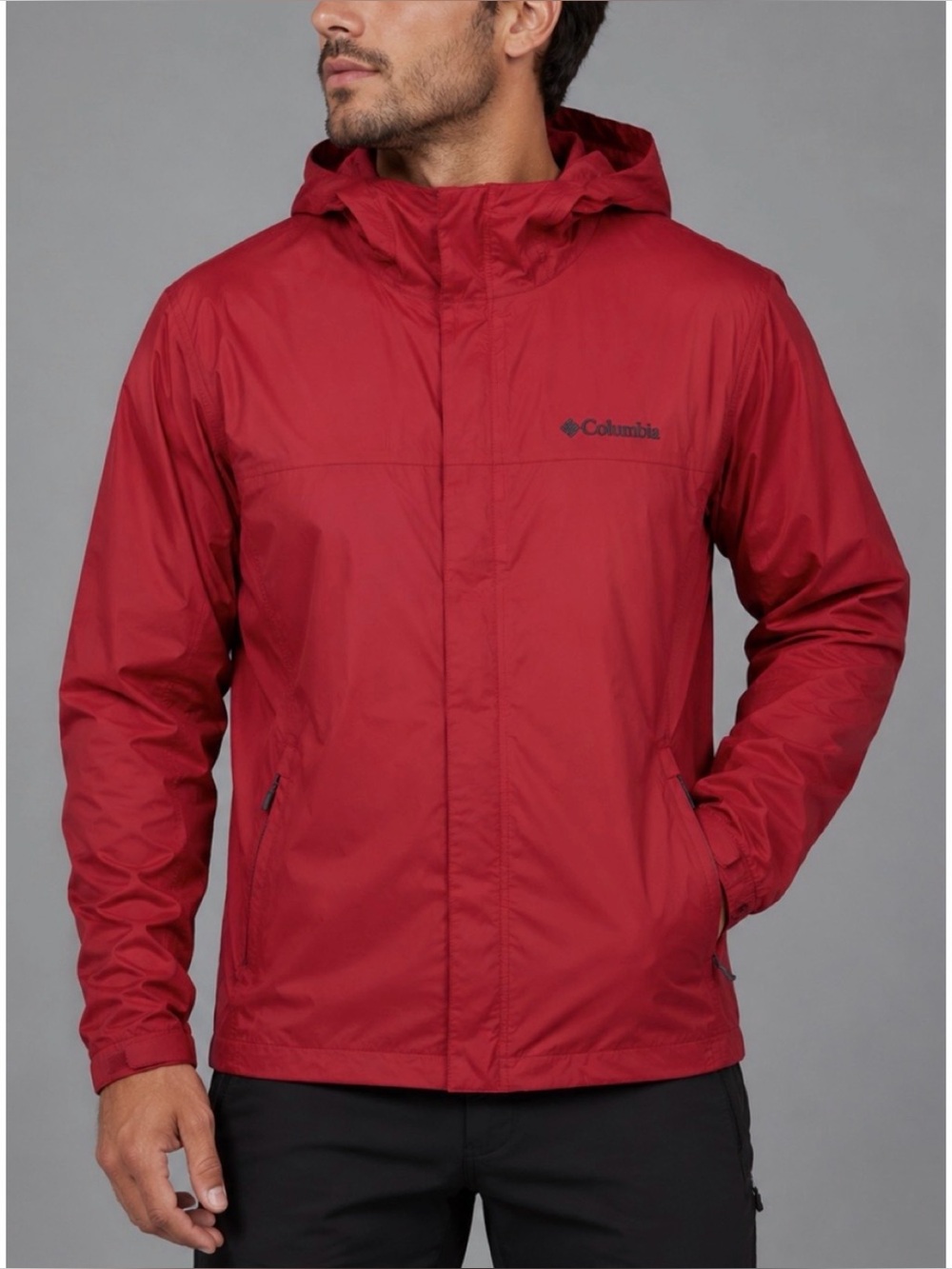 COLUMBIA • Red/Grey Omni-Tech Waterproof Hooded Rain Jacket, L